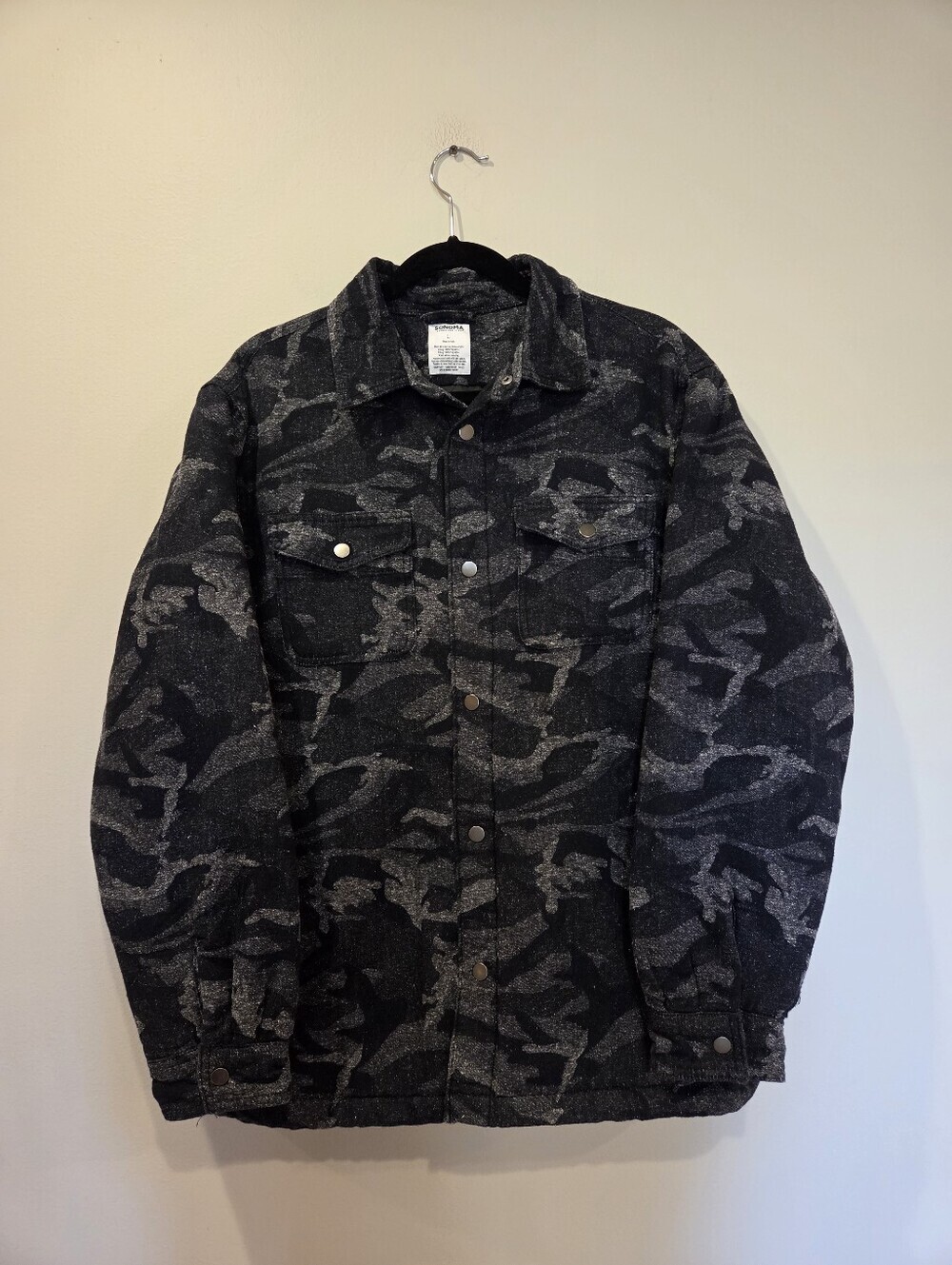 SONOMA Men's Black & Gray Camouflage Button-Up Quilted Shirt Jacket